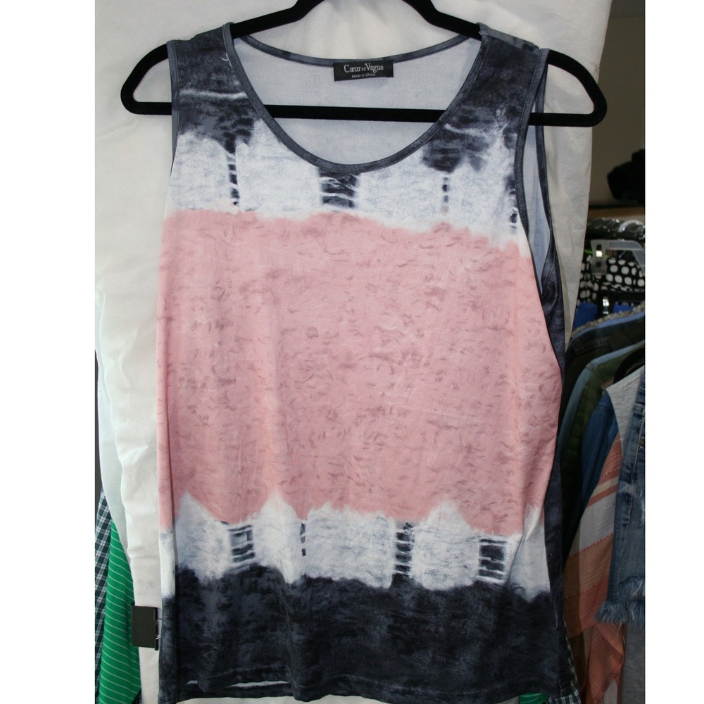 Coeur de Vague Womens Tie Dye Tank Top Pink Grey Acid Wash Sleeveless Scoop Neck